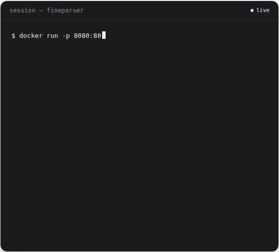 A terminal session: FineParser started with docker run, a document POSTed to the parse endpoint with curl, and the structured DocLang output it returns — a heading and a table inside a doclang element.